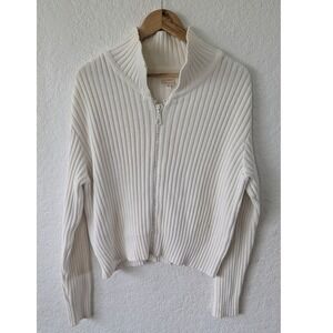 Von Saken Womens Cream Ribbed Cotton Full Zip Rhinestone‎ Cardigan Sweater M USA